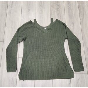 Alya Women Medium Olive Green Cold Shoulder Waffle Knit V-Neck Sweater Top